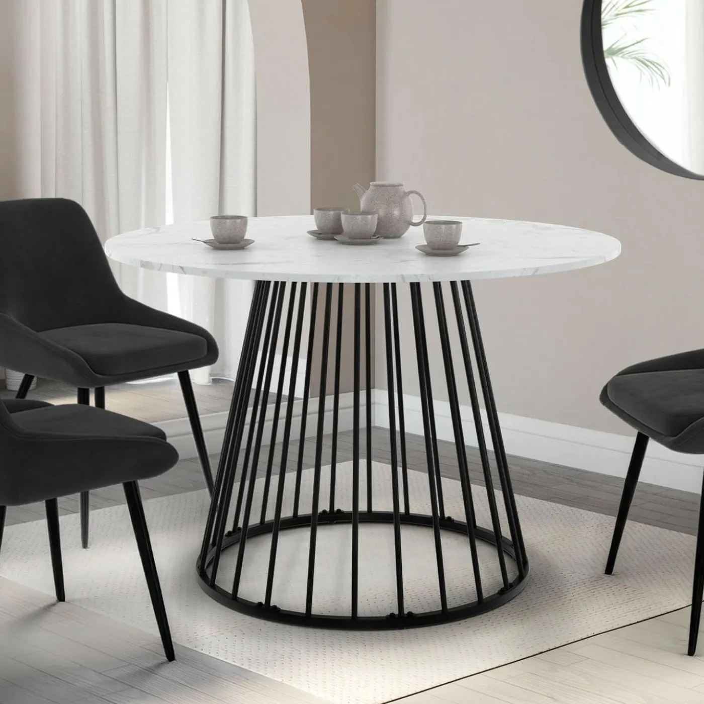 Table à manger ronde extensible 110-150 cm 4-8 personnes plateau effet marbre blanc et pied filaire métal noir