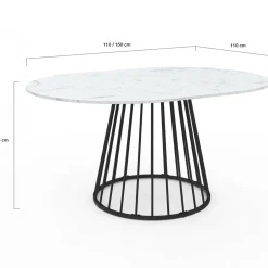 Table à manger ronde extensible 110-150 cm 4-8 personnes plateau effet marbre blanc et pied filaire métal noir