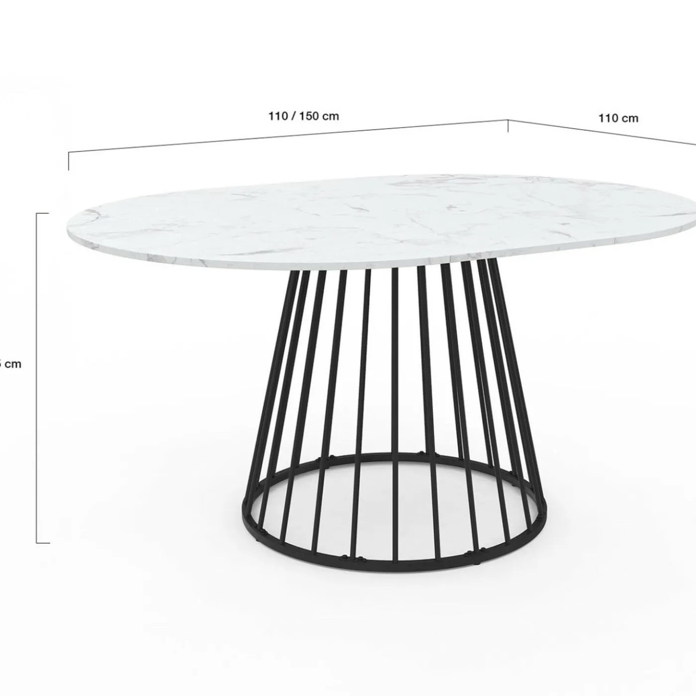 Table à manger ronde extensible 110-150 cm 4-8 personnes plateau effet marbre blanc et pied filaire métal noir
