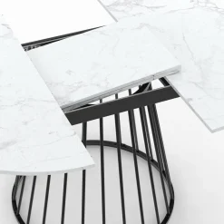 Table à manger ronde extensible 110-150 cm 4-8 personnes plateau effet marbre blanc et pied filaire métal noir