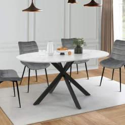 Table à manger ronde extensible plateau effet marbre 110-150 cm 4-8 personnes pied araignée métal noir