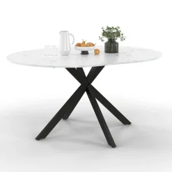 Table à manger ronde extensible plateau effet marbre 110-150 cm 4-8 personnes pied araignée métal noir