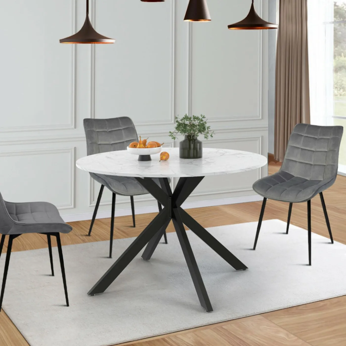 Table à manger ronde extensible plateau effet marbre 110-150 cm 4-8 personnes pied araignée métal noir