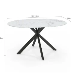 Table à manger ronde extensible plateau effet marbre 110-150 cm 4-8 personnes pied araignée métal noir