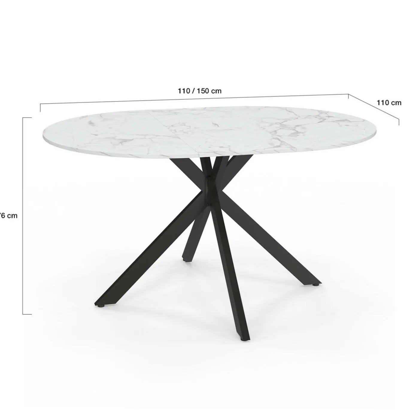 Table à manger ronde extensible plateau effet marbre 110-150 cm 4-8 personnes pied araignée métal noir