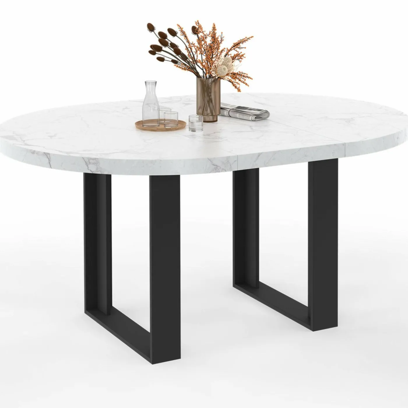 Table à manger ronde extensible de 110-150 cm pour 4 à 6 personnes à l’effet marbre