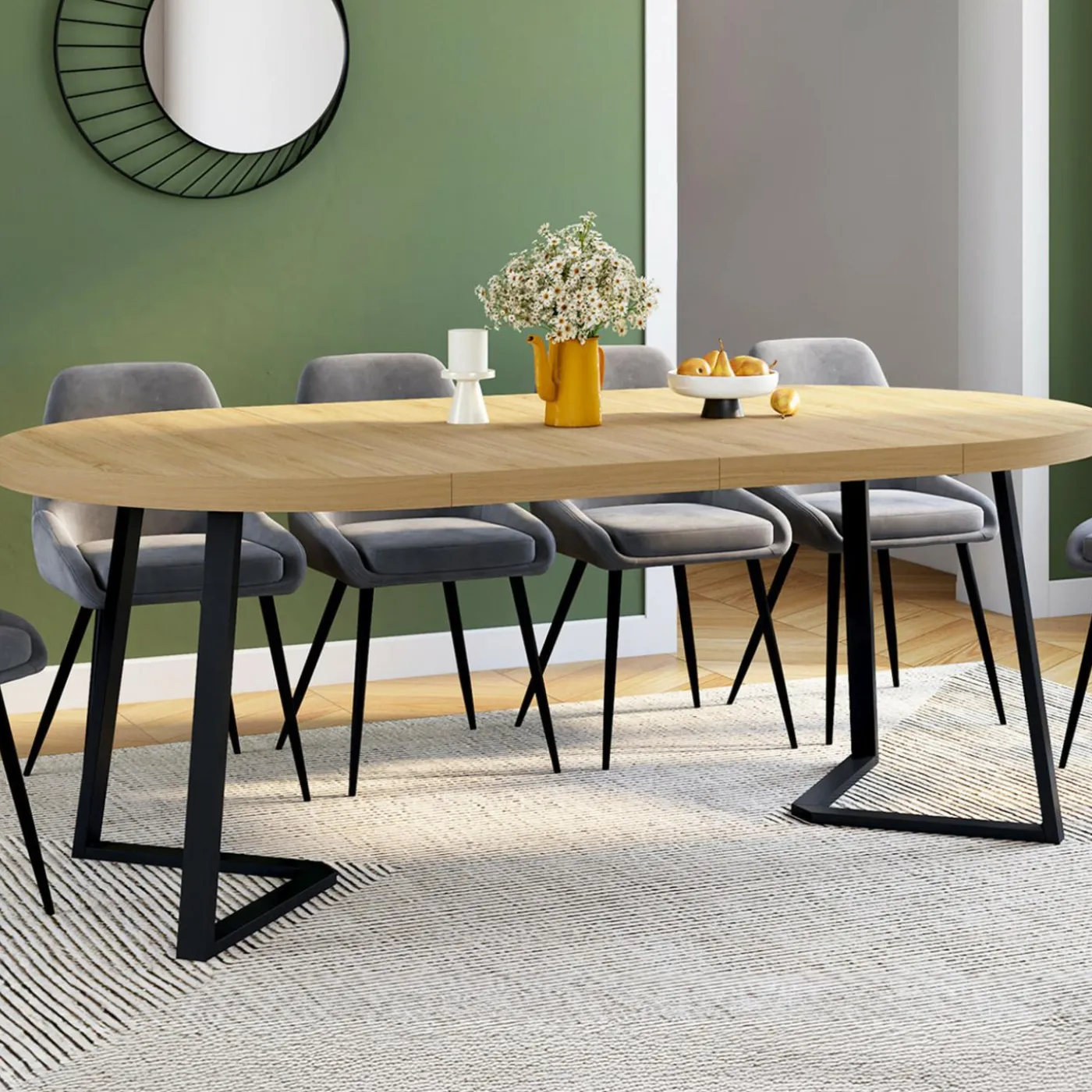 Table à manger ronde extensible 110-200 cm 4-10 personnes en bois et pieds noirs