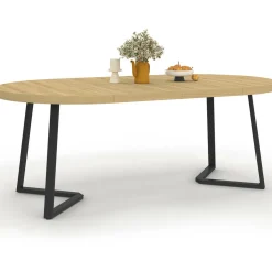 Table à manger ronde extensible 110-200 cm 4-10 personnes en bois et pieds noirs