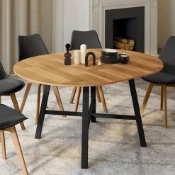 Table à manger ronde extensible bois et métal noir