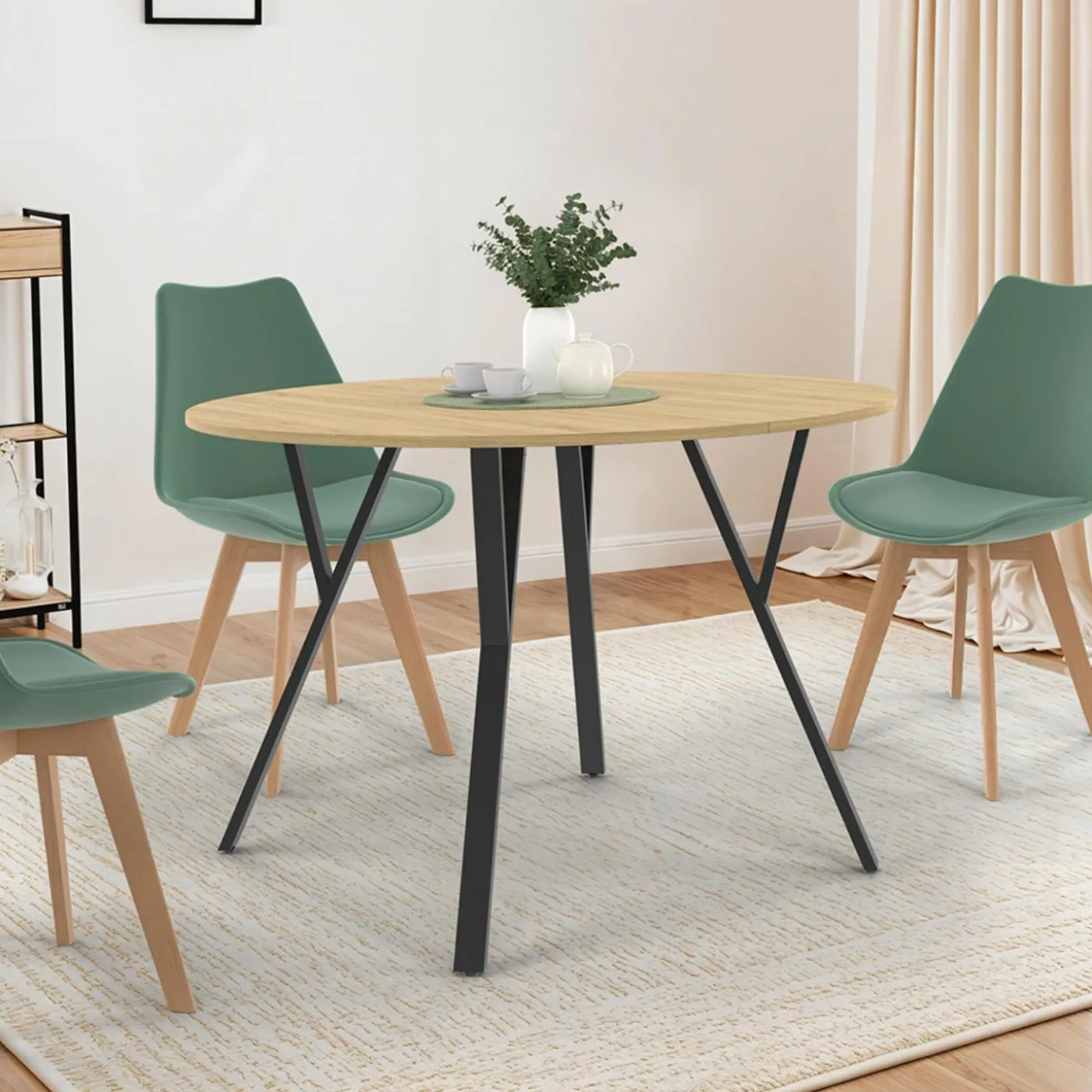 Table à manger ronde extensible 110-150 cm 4-8 personnes bois et noir design industriel