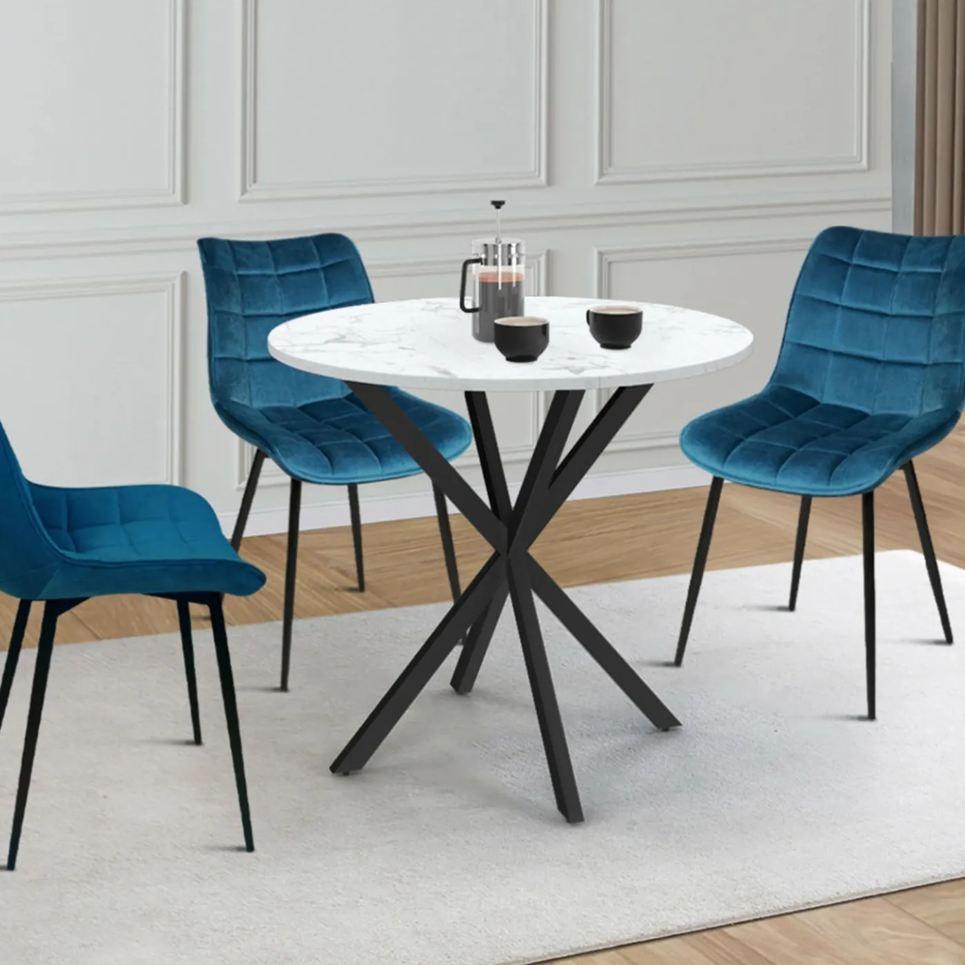 Table à manger ronde plateau effet marbre blanc pied araignée noir 4 personnes