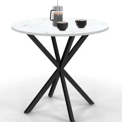 Table à manger ronde plateau effet marbre blanc pied araignée noir 4 personnes