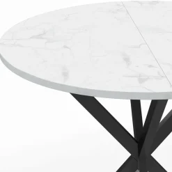 Table à manger ronde plateau effet marbre blanc pied araignée noir 4 personnes