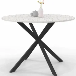 Table à manger ronde plateau effet terrazzo et noir 110 cm
