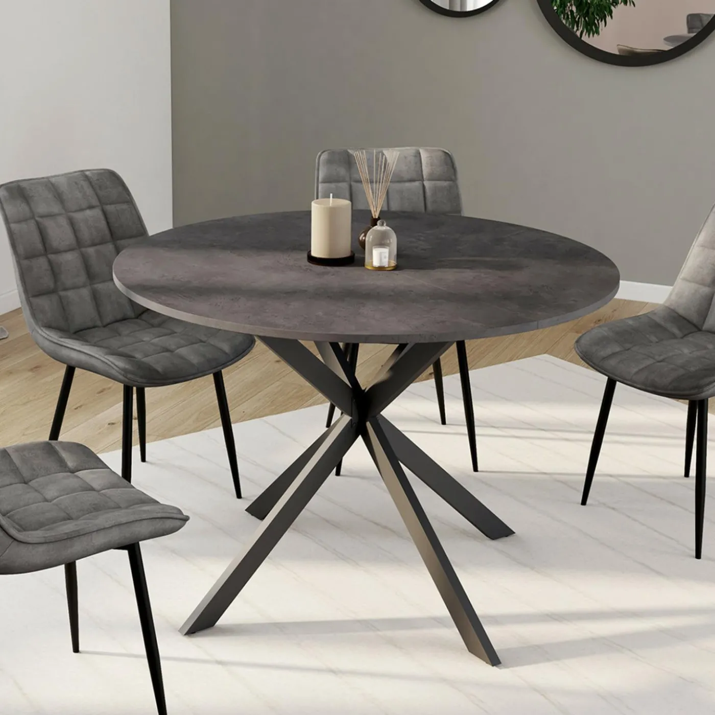 Table à manger ronde plateau effet béton 110 cm pied araignée gris anthracite 6 personnes
