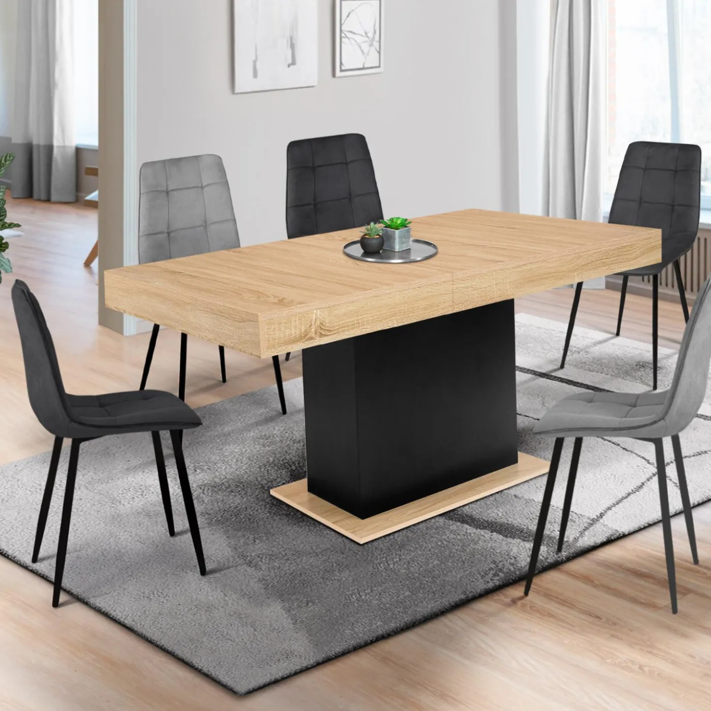 Table avec pied central bois et noir extensible