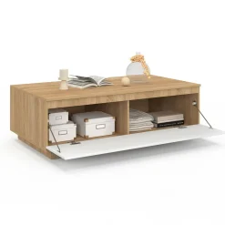 Table basse 110 cm avec porte façon hêtre et blanc