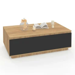 Table basse 110 cm avec porte façon hêtre et noir
