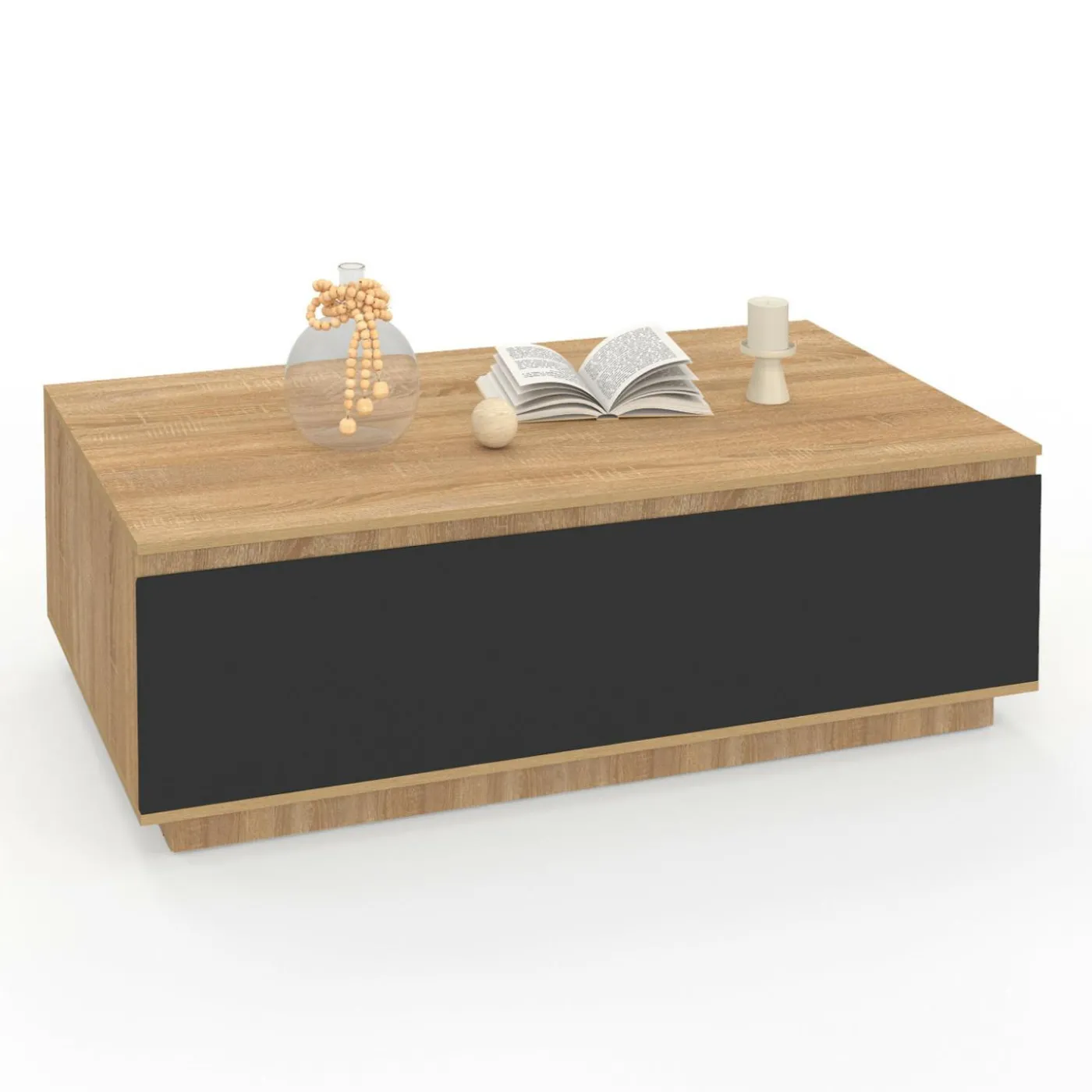 Table basse 110 cm avec porte façon hêtre et noir