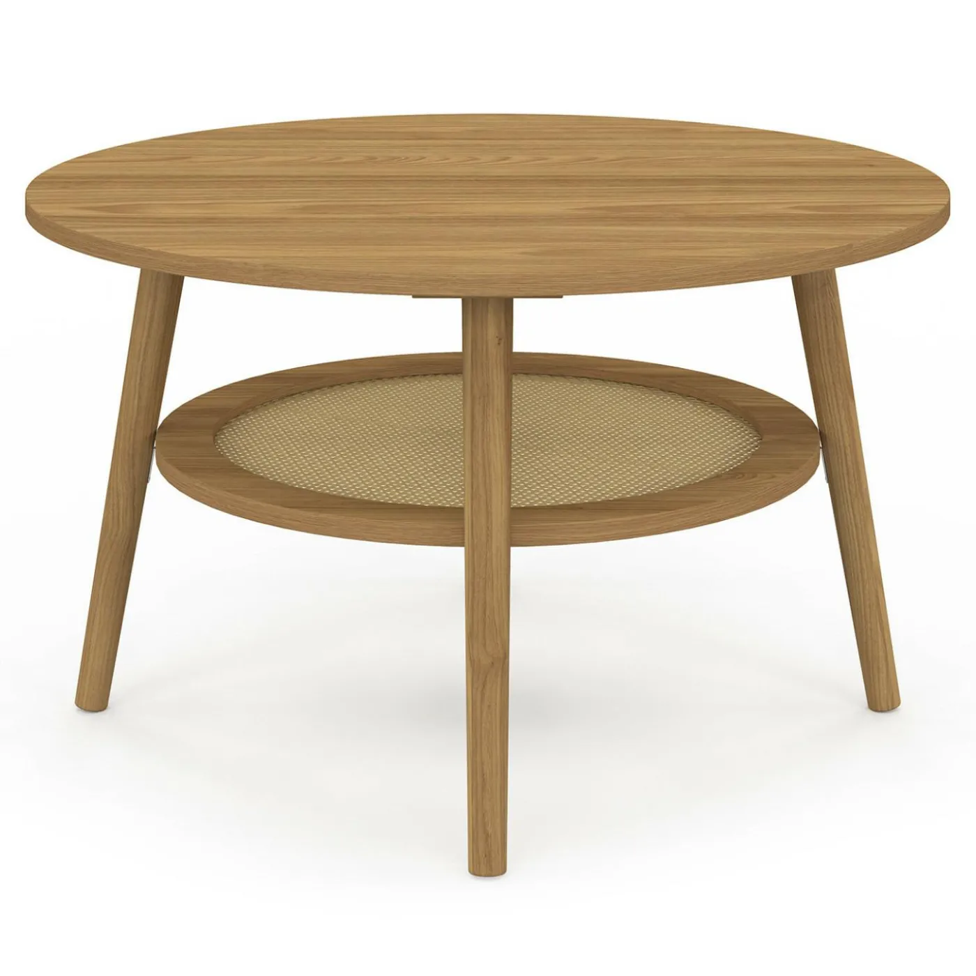 Table basse 70 cm ronde bois façon hêtre et plateau effet naturel cannage