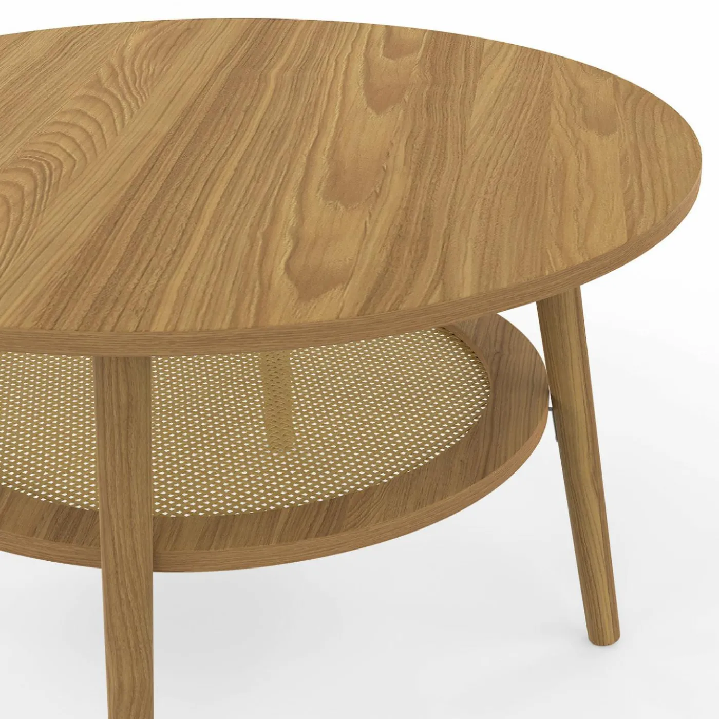 Table basse 70 cm ronde bois façon hêtre et plateau effet naturel cannage