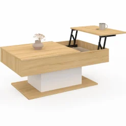 Table basse 2 plateaux relevables bois et blanc