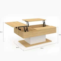 Table basse 2 plateaux relevables bois et blanc