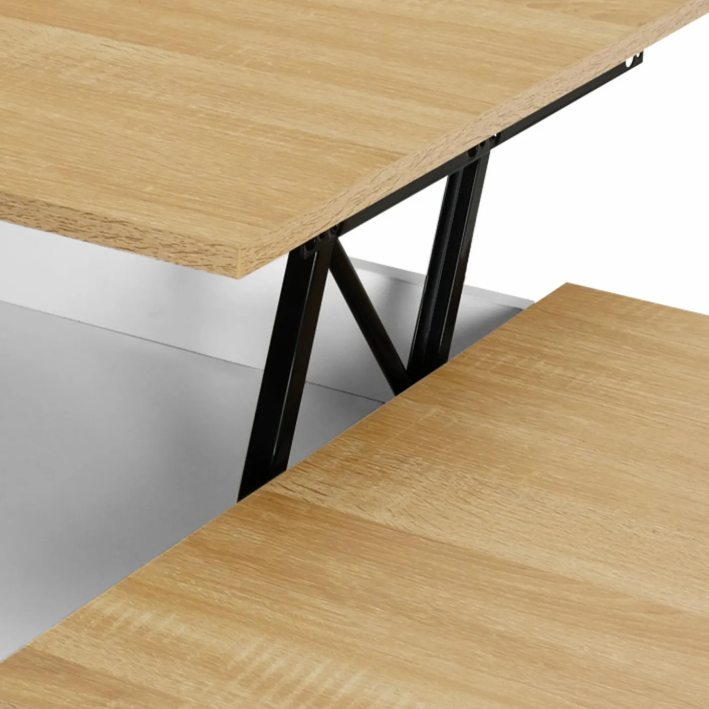 Table basse 2 plateaux relevables bois blanc et façon hêtre