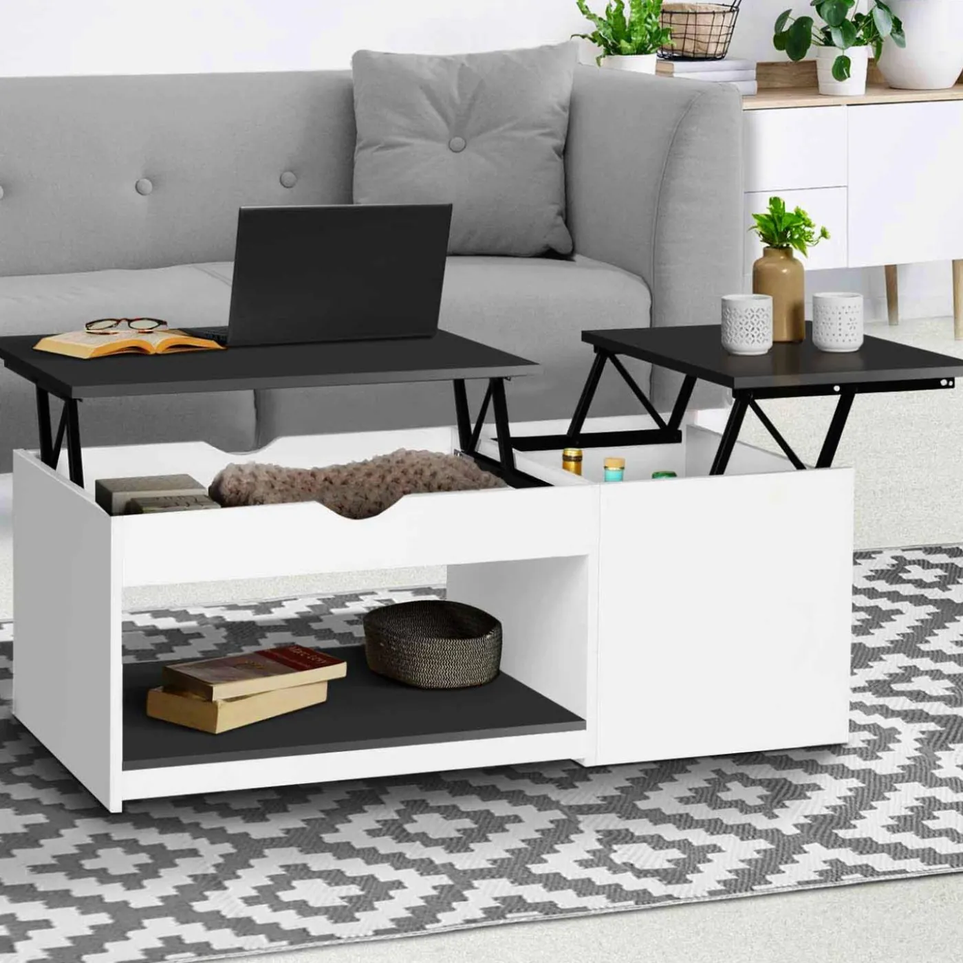 Table basse 2 plateaux relevables bois blanc et gris