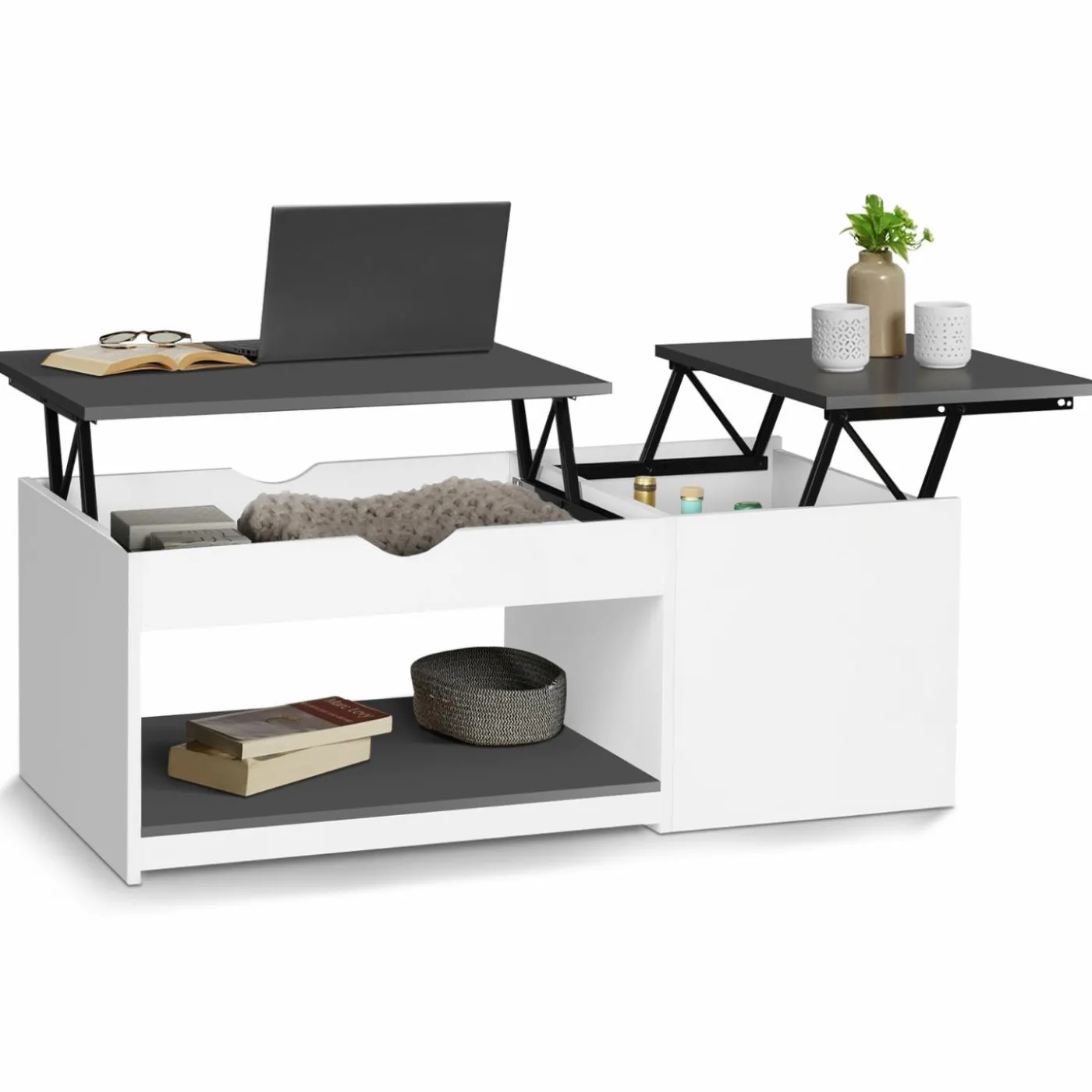 Table basse 2 plateaux relevables bois blanc et gris