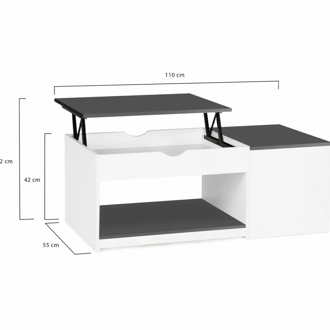 Table basse 2 plateaux relevables bois blanc et gris