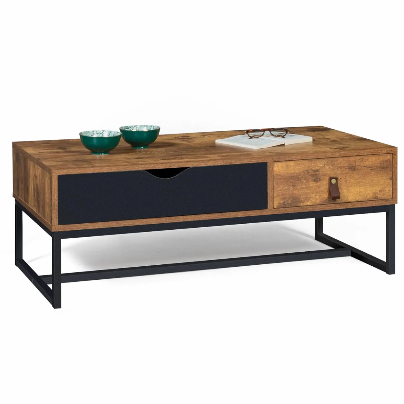 Table basse 2 tiroirs style industriel effet bois vieilli