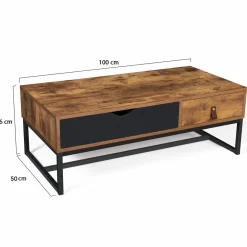 Table basse 2 tiroirs style industriel effet bois vieilli