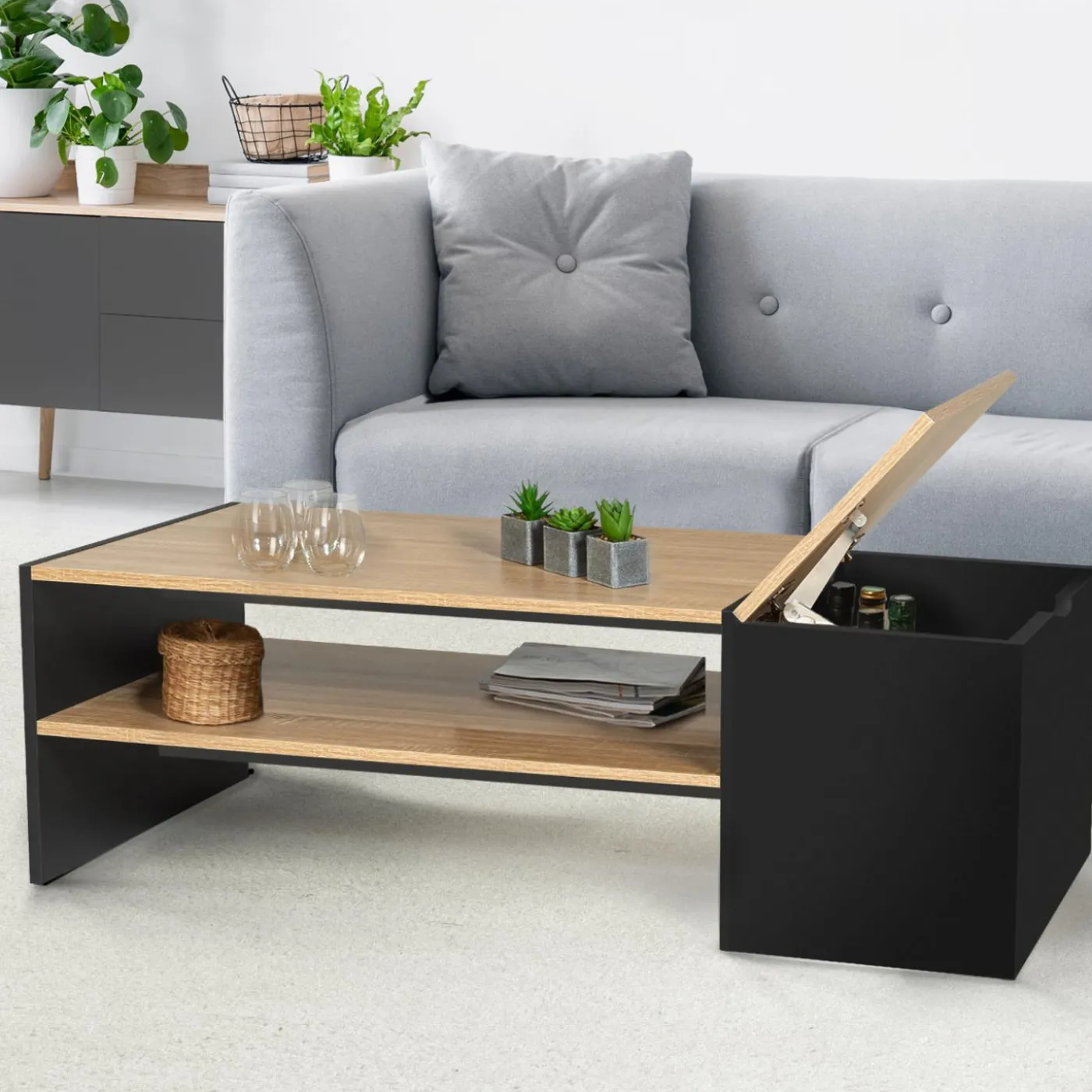 Table basse avec bar bois et noir