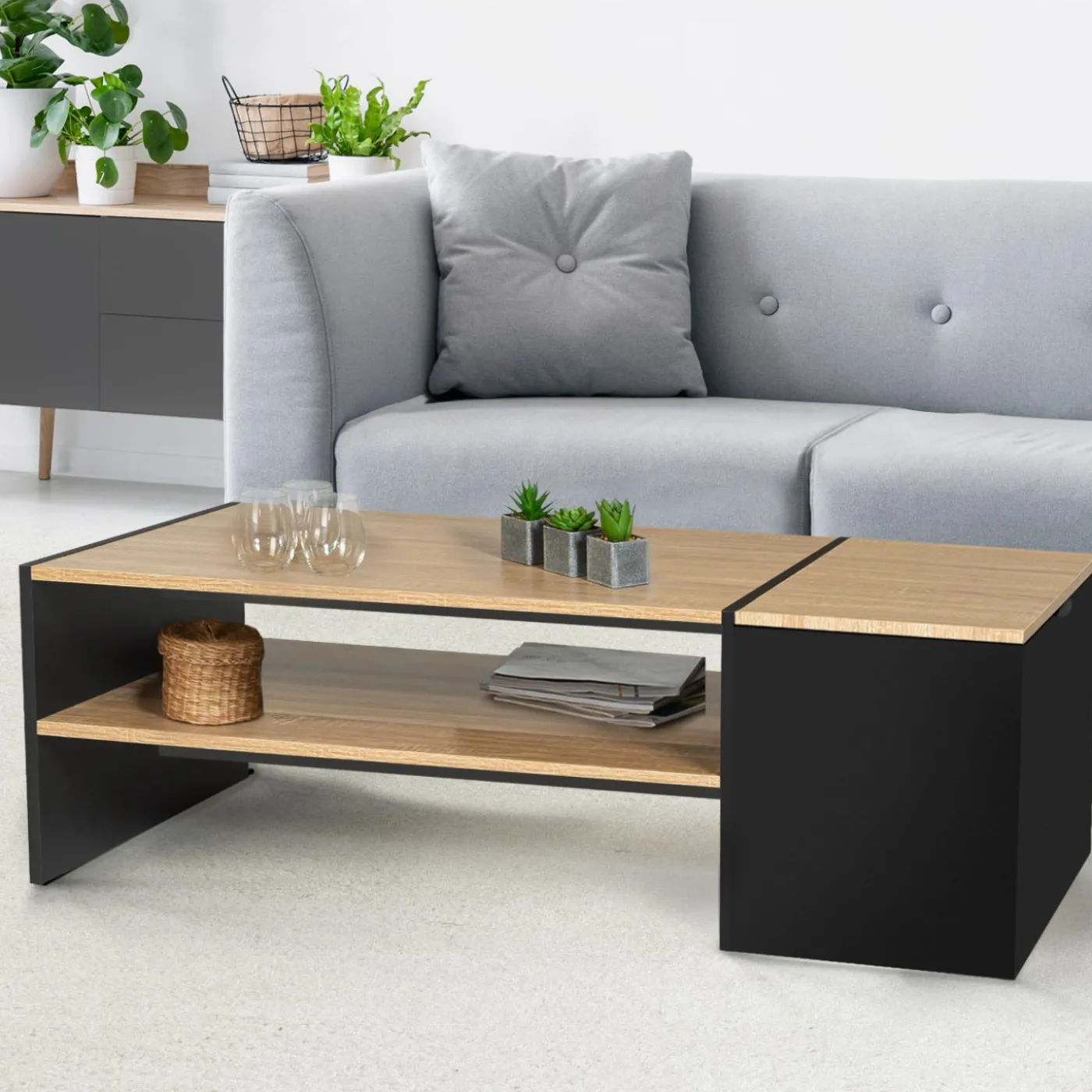 Table basse avec bar bois et noir