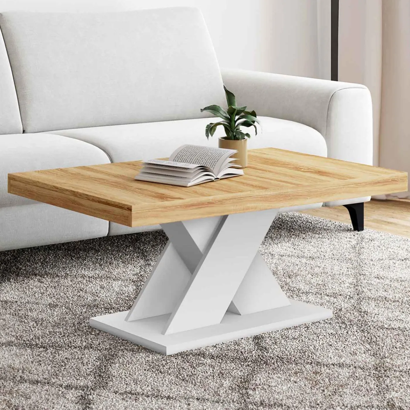 Table basse avec plateau bois et pied en X blanc