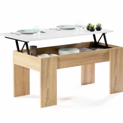 Table basse avec plateau relevable bois blanc et imitation hêtre