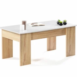 Table basse avec plateau relevable bois blanc et imitation hêtre