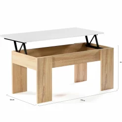 Table basse avec plateau relevable bois blanc et imitation hêtre