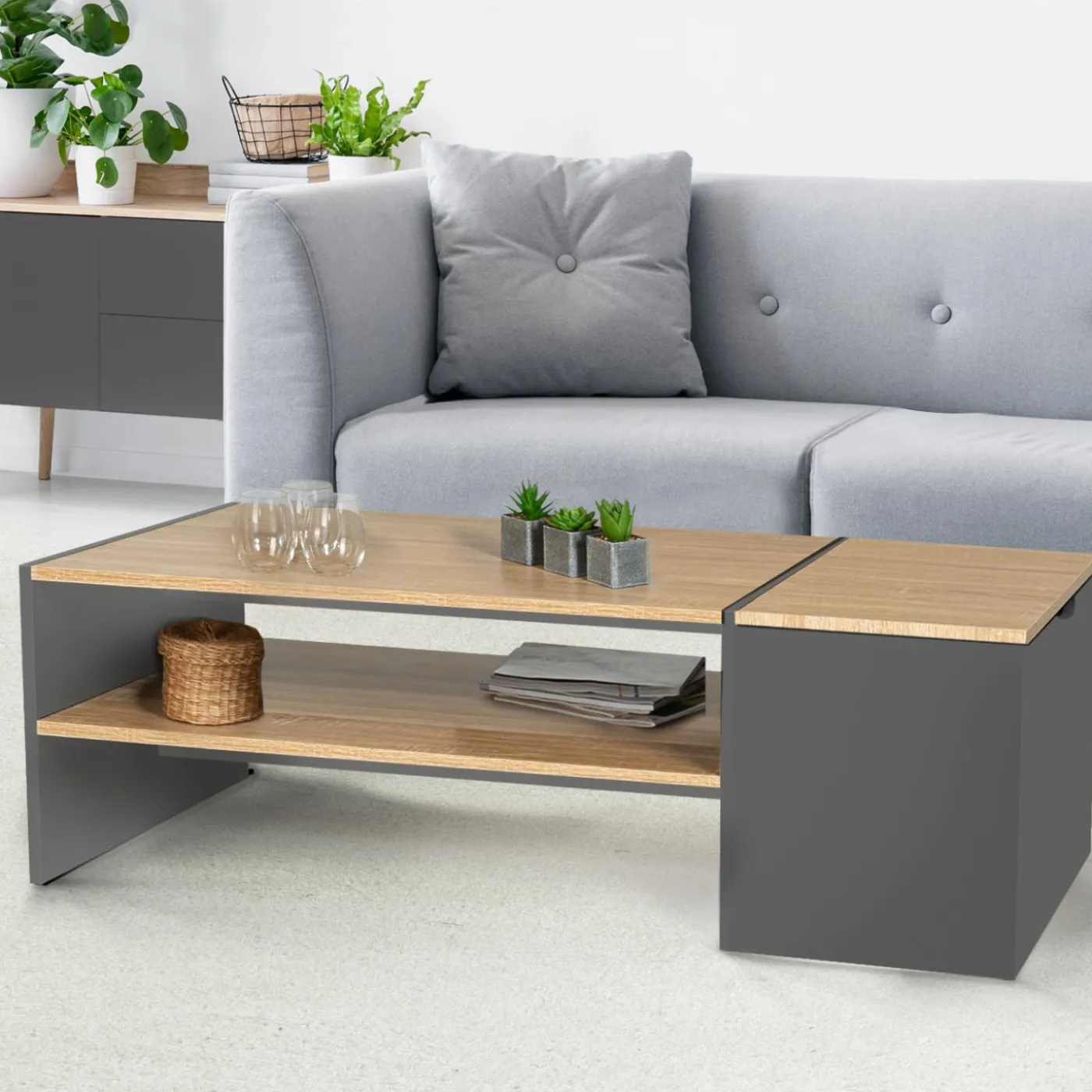 Table basse avec rangement bar 110 cm bois imitation hêtre et gris