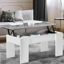 Table basse bois blanc plateau relevable effet béton
