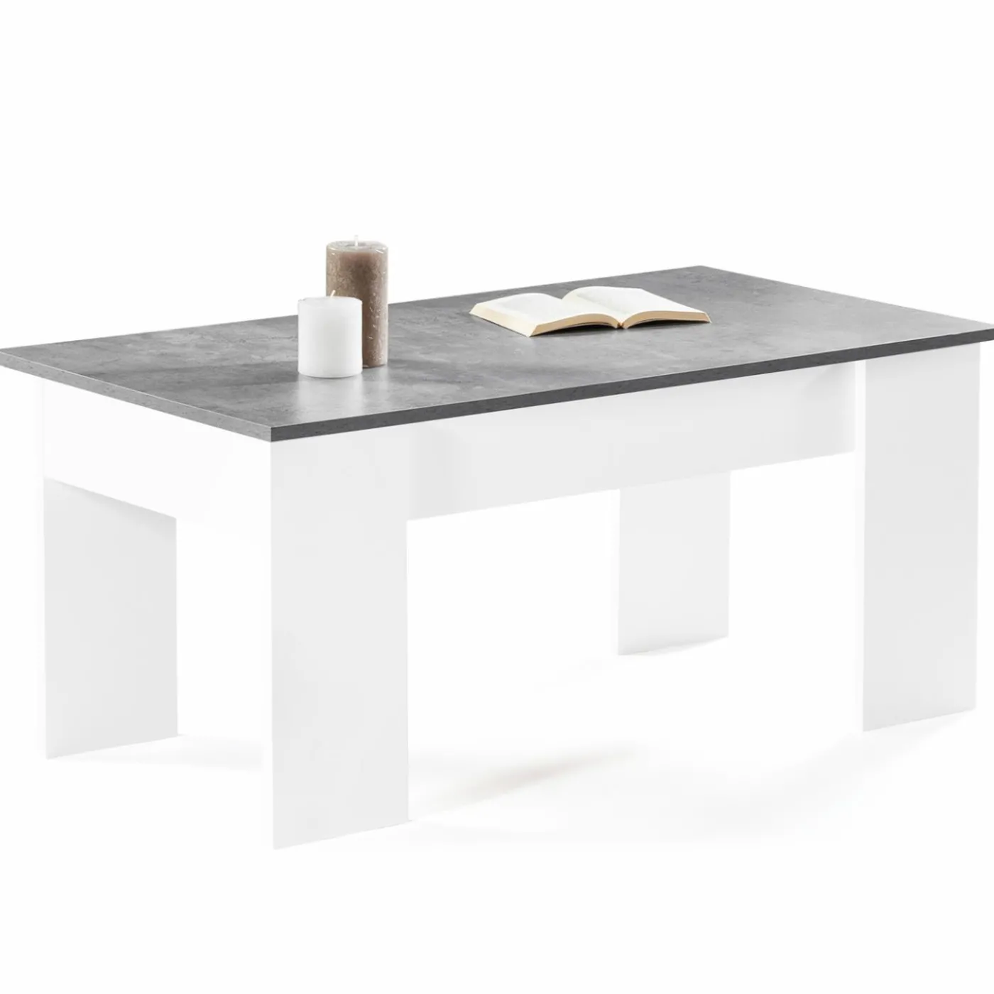 Table basse bois blanc plateau relevable effet béton