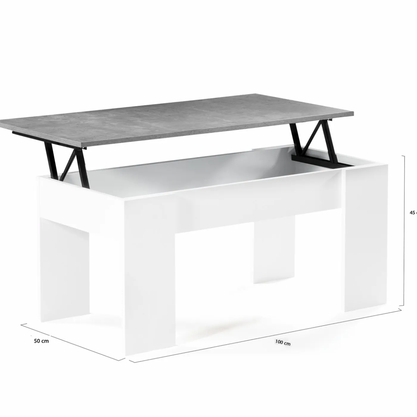 Table basse bois blanc plateau relevable effet béton