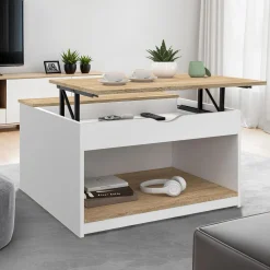 Table basse carrée blanche avec plateau relevable et coffre bois