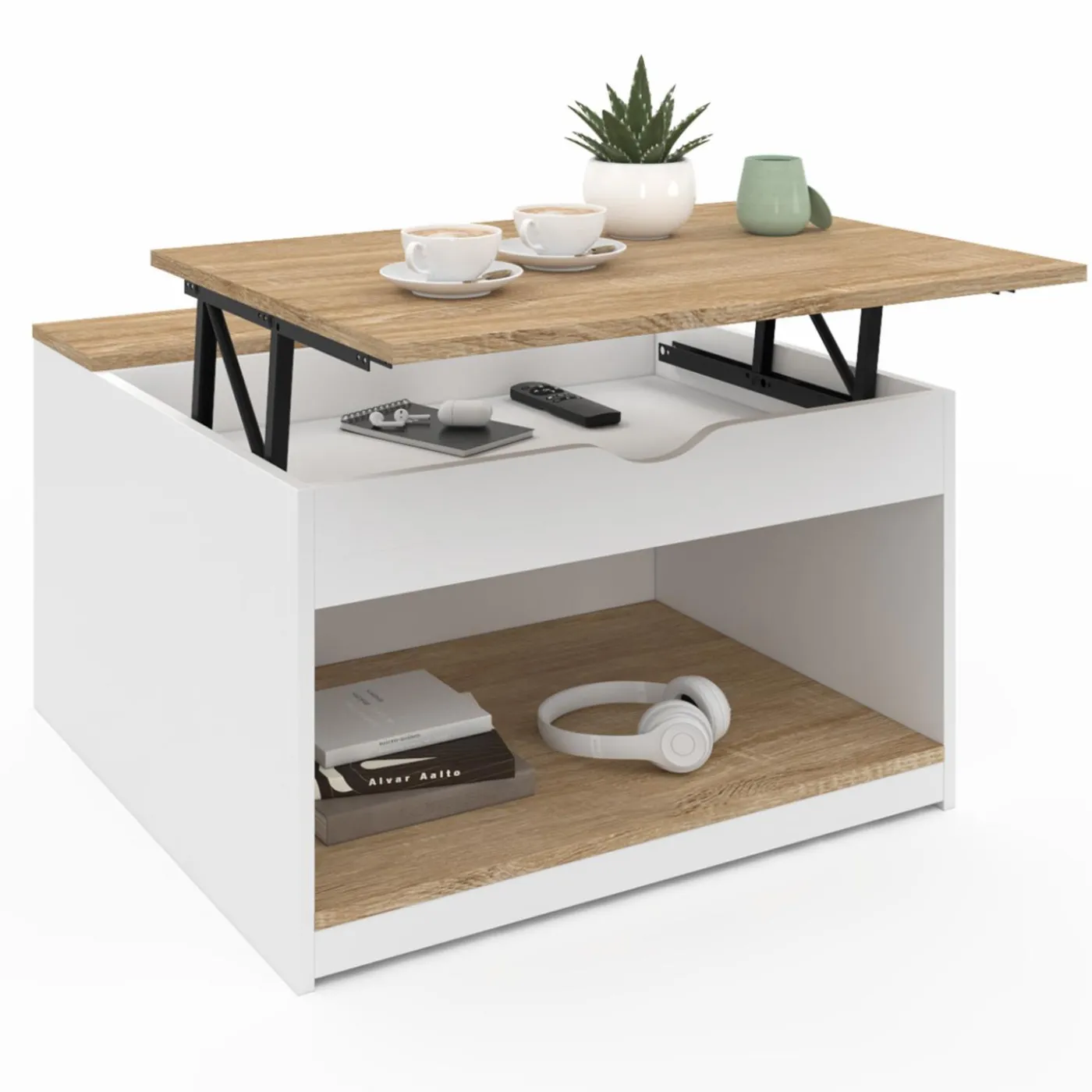 Table basse carrée blanche avec plateau relevable et coffre bois