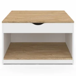Table basse carrée blanche avec plateau relevable et coffre bois
