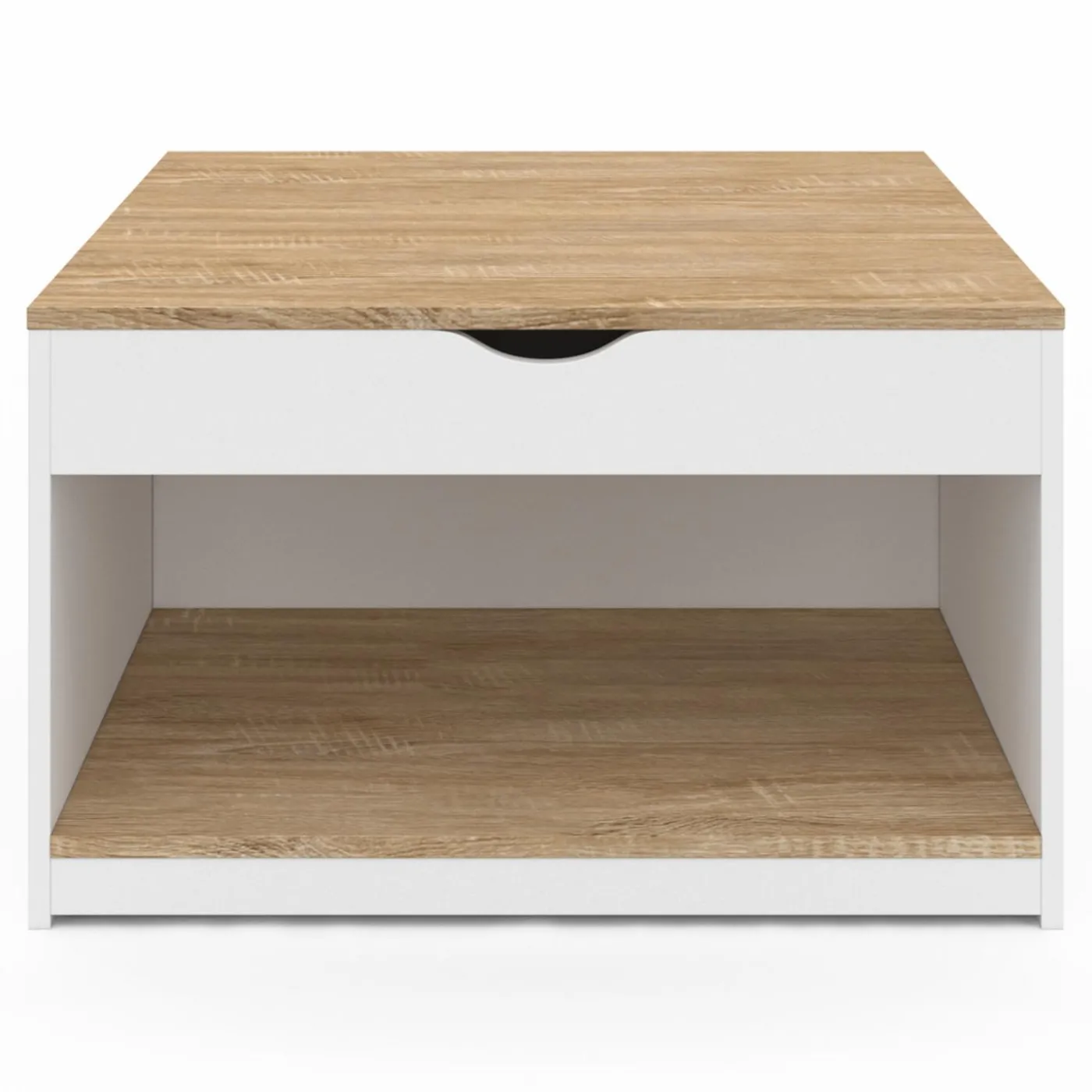 Table basse carrée blanche avec plateau relevable et coffre bois