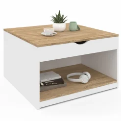 Table basse carrée blanche avec plateau relevable et coffre bois