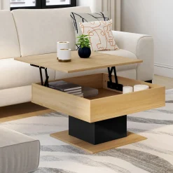 Table basse carrée bois et noir avec plateau relevable