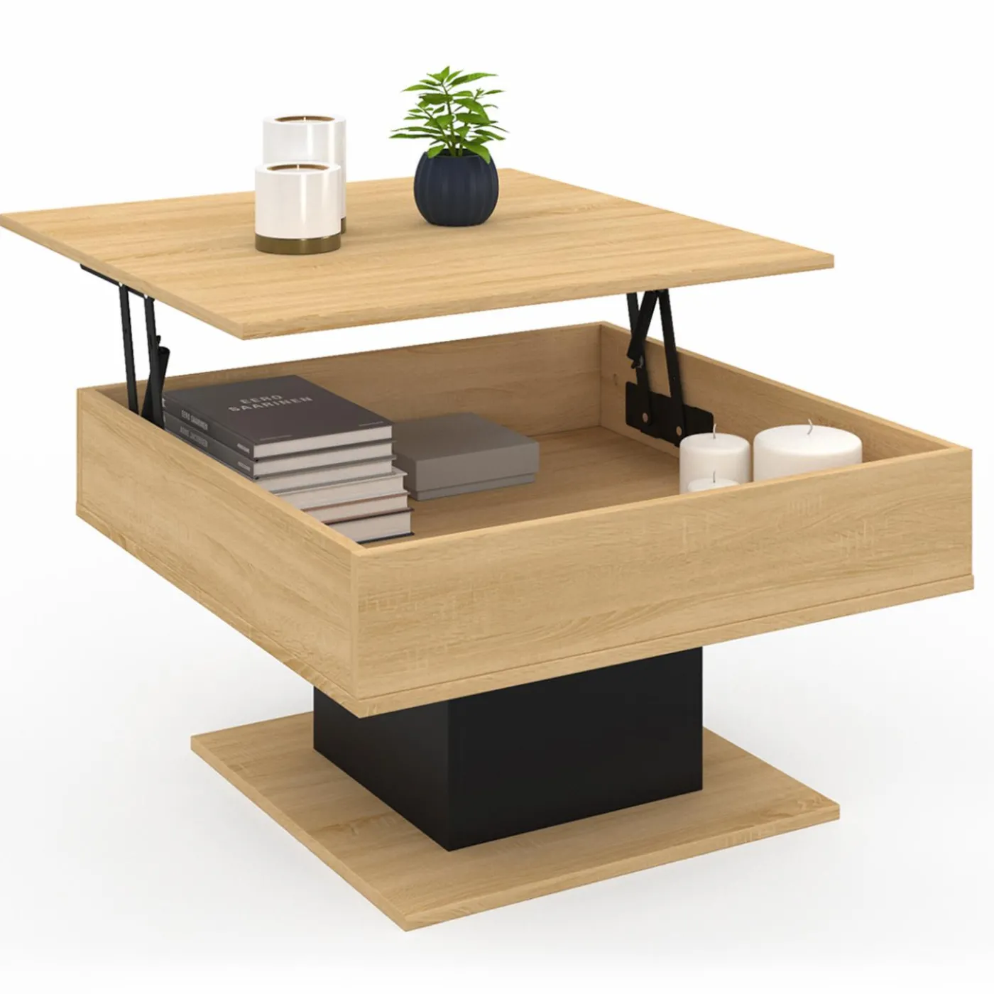 Table basse carrée bois et noir avec plateau relevable